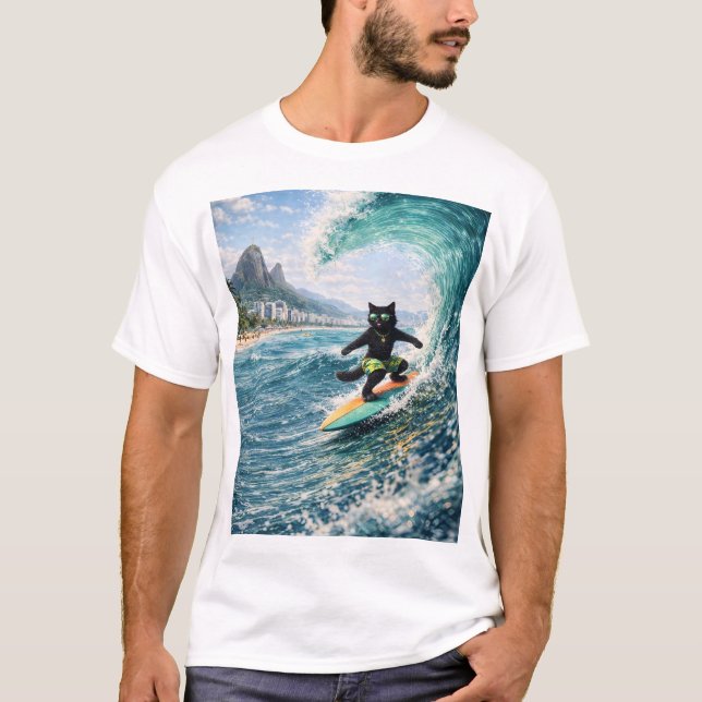Häftig Surfande Katt T Shirt (Framsida)