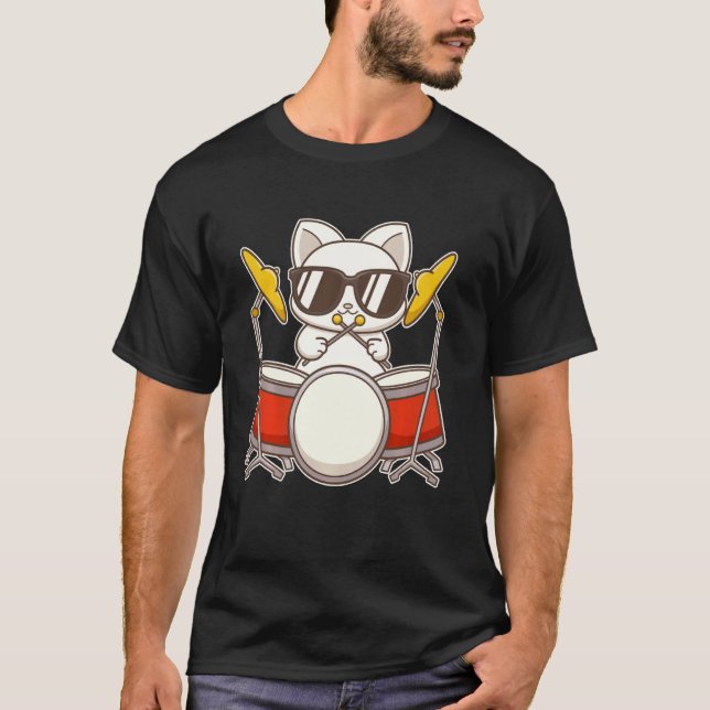 Häftig Trumma Katt Med Glasögon T Shirt (Framsida)