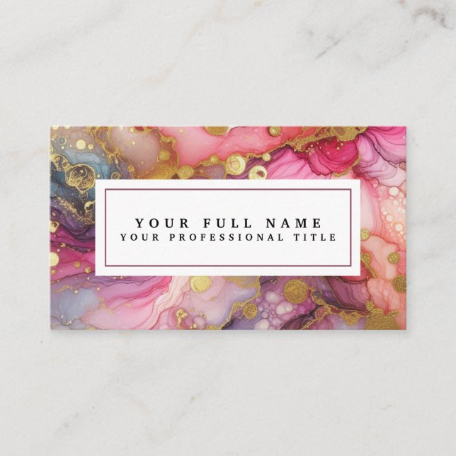 Häftig vacker rosa & guld alkoholbläck vattenfärg visitkort (Framsida)