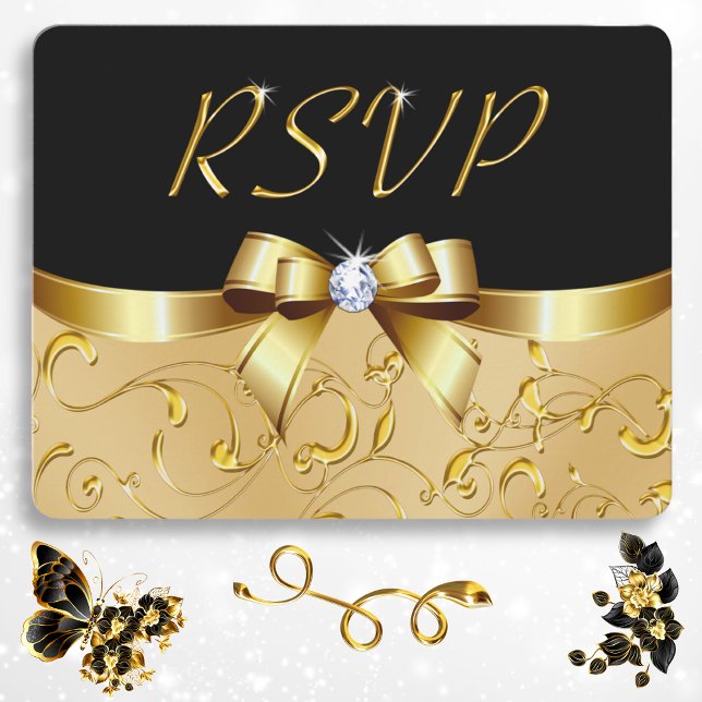 Häftiga svarta och gyllene RSVP-kort med kuvert Inbjudningar (Elegant RSVP Cards. Personalized RSVP Cards. 50th anniversary RSVP cards. Elegant RSVP. Gold RSVP.)