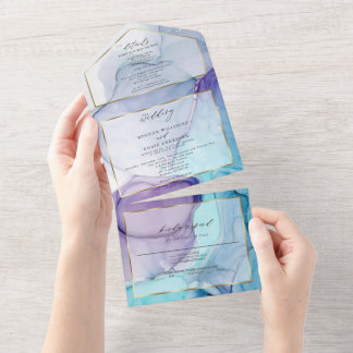 Häftiga Violet Aqua Abstrakt Bläck