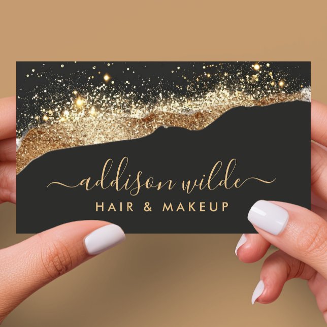 Häftigt svart och guld glitter trendig script visitkort (Skapare uppladdad)