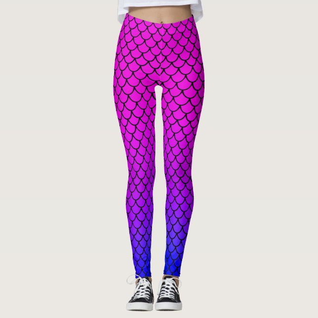 Häftigt varmt rosa lila sjöjungfru fiskfjäll mönst leggings (Framsida)