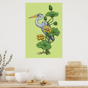 Häger i den gula lotusträdgården på honungdagg poster