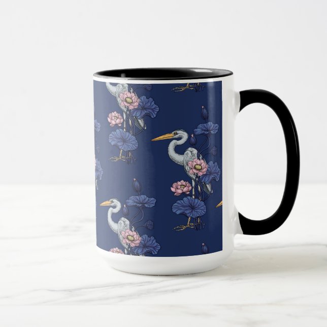 Häger i den rosa lotusgården på delphinblå mugg (Höger)