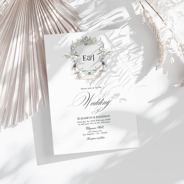 Häger Monogram Krön Elegant Sjö Bröllop Inbjudningar (Herons Monogram Crest Elegant Lake Wedding Invitation)