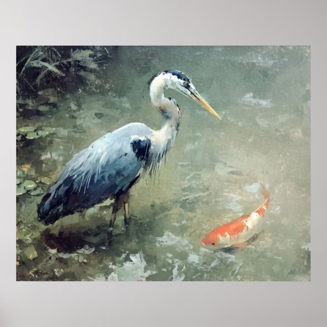 Häger och livfulla Koi-fiskar Poster (Framsidan)