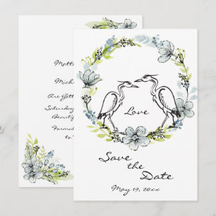 Hägerfågelpar och blomsterkrans Save the Date Inbjudningar