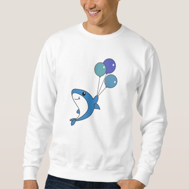 Hai Fish Flies with Balloons Sweet Animals Shark Lång Ärmad Tröja (Framsida)