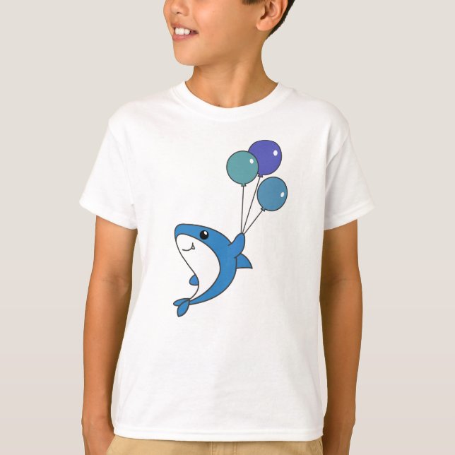 Hai Fish Flies with Balloons Sweet Animals Shark T Shirt (Framsida)