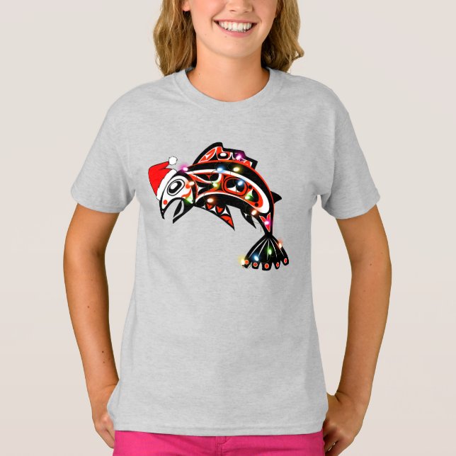 Haida Salmon Spirit Animal med jul Ljus T Shirt (Framsida)