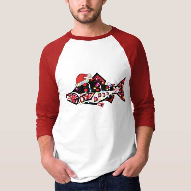 Haida Salmon Spirit Animal med jul Ljus T Shirt (Framsida)
