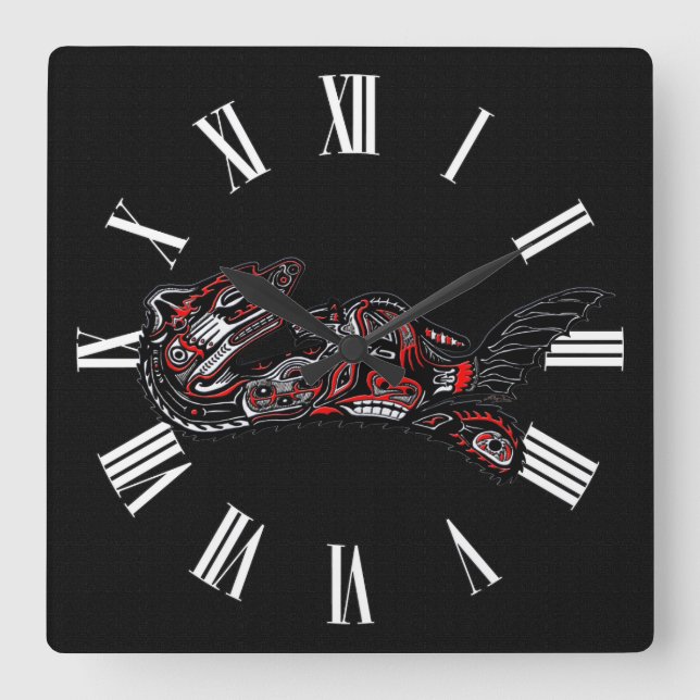 Haida-stil Mor Otter och Baby Otter Native Art Fyrkantig Klocka (Framsida)