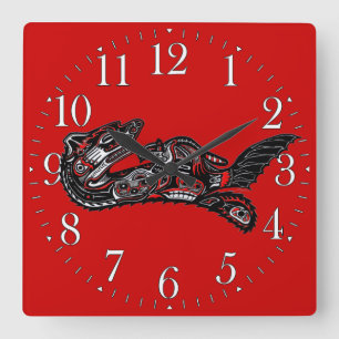 Haida-stil Mor Otter och Baby Otter Native Art Fyrkantig Klocka