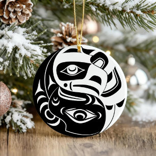 Haida Thunderbird Black and White Eagle Circle Julgransprydnad Keramik