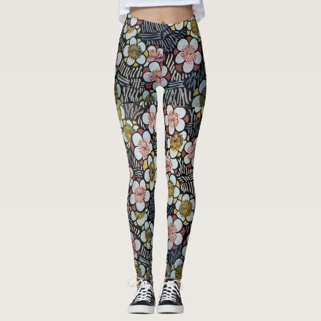 HAIKU/BLACK WHITE ROSA GULT VÅR BLOMMOR LEGGINGS (Framsida)