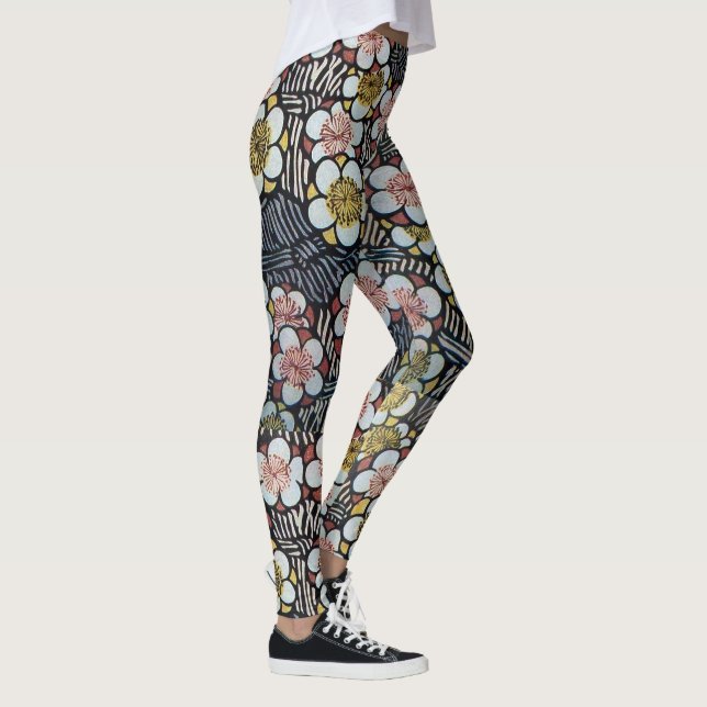 HAIKU/BLACK WHITE ROSA GULT VÅR BLOMMOR LEGGINGS (Höger)