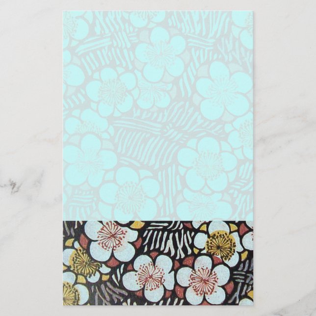 HAIKU/ SVART VIT TEAL BLÅ VÅR BLOMOR BREVPAPPER (Framsida)