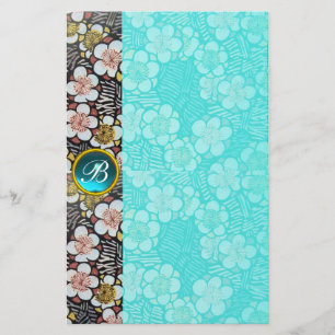 HAIKU/SVART VITA VÅRBLOMMOR BLÅ ÄDELSTEN MONOGRAM BREVPAPPER