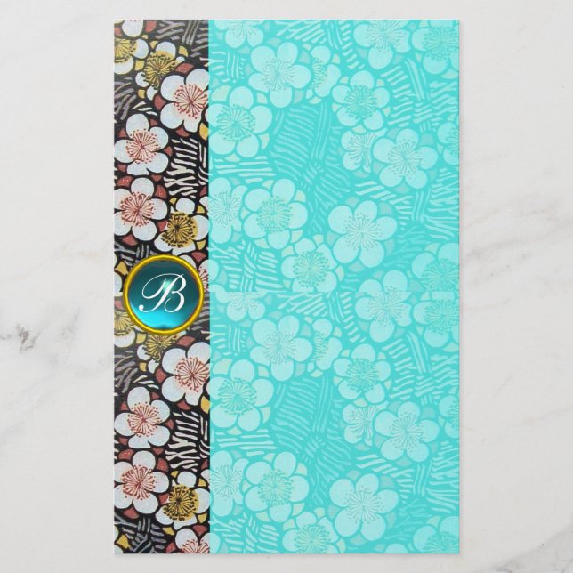 HAIKU/SVART VITA VÅRBLOMMOR BLÅ ÄDELSTEN MONOGRAM BREVPAPPER (Framsida)