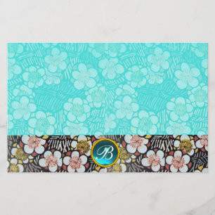 HAIKU/SVART VITA VÅRBLOMMOR BLÅ ÄDELSTEN MONOGRAM BREVPAPPER