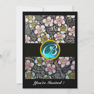 HAIKU/ VÅRBLOMMOR BLÅ TURKOS ÄDELSTEN MONOGRAM INBJUDNINGAR