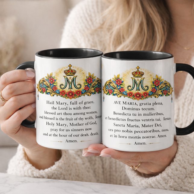 Hail Mary Prayer English & Latin Catholic Mugg (Featuring the Hail Mary prayer in English on one side and Latin on the other,)