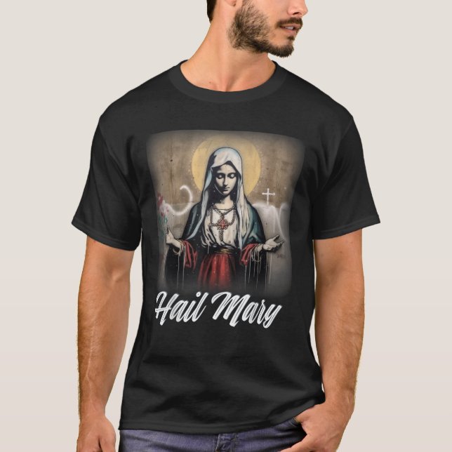 Hail Mary Vår Dam bläddrade katolik av Mor Rosary T Shirt (Framsida)