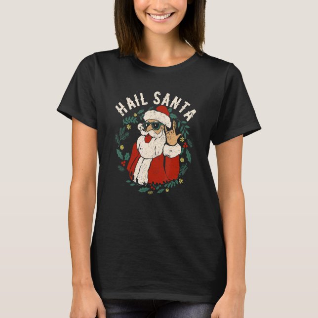 Hail Santa Claus Sleigher Christmas Rock Metal Xma T Shirt (Framsida)