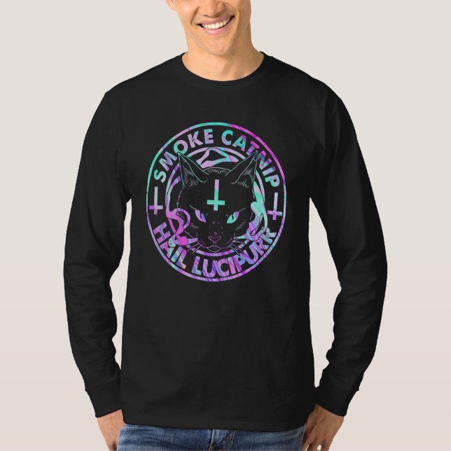 Hail Satan Smoke Catnip Hail Lucipurr Satanic Blac T Shirt (Framsida)