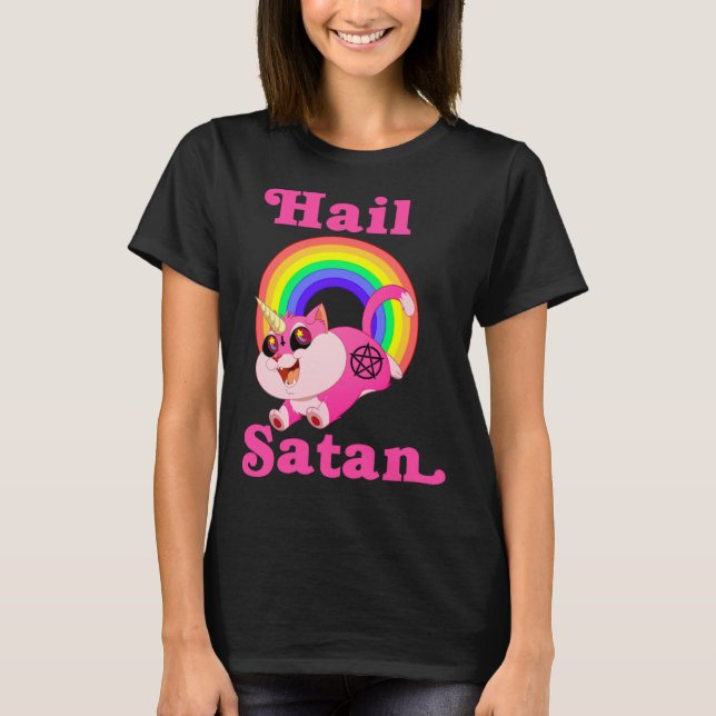Hail Satan Unicorn Cat Rainbow, Lusnydöd Metall T Shirt (Framsida)