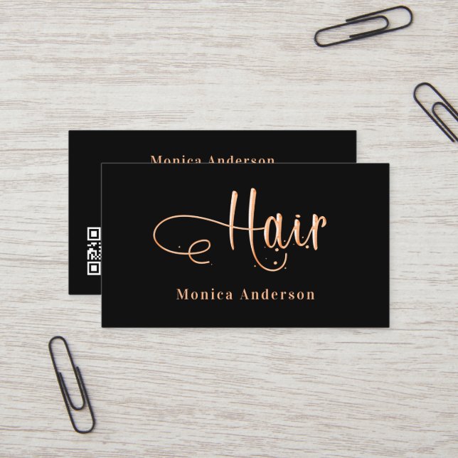 Hair black ro guld elegant QR-kod Visitkort (Fram/Back In Situ)