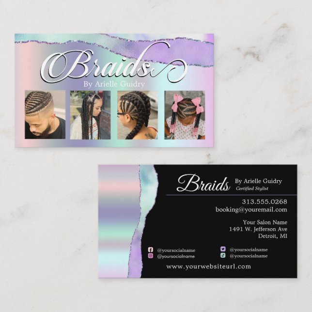 Hair Braid Salon Pastel Iridescent Lila Visitkort (Fram/baksida)