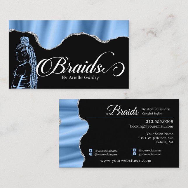 Hair Braiding Braid Salon Silver och Blue Glam Visitkort (Fram/baksida)