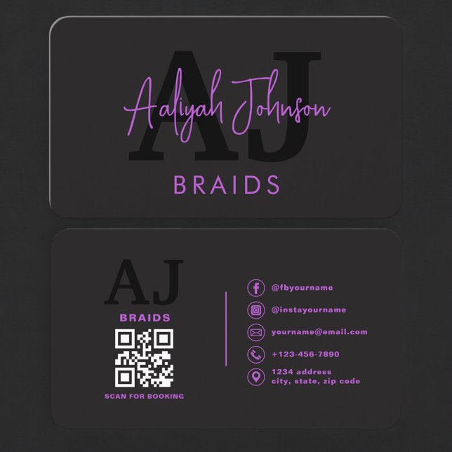 Hair Braiding QR Code Business Card Purple Black Visitkort (Skapare uppladdad)
