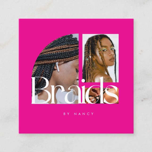 Hair Braiding Salon Photo Collage Shock rosa Fyrkantigt Visitkort (Framsida)