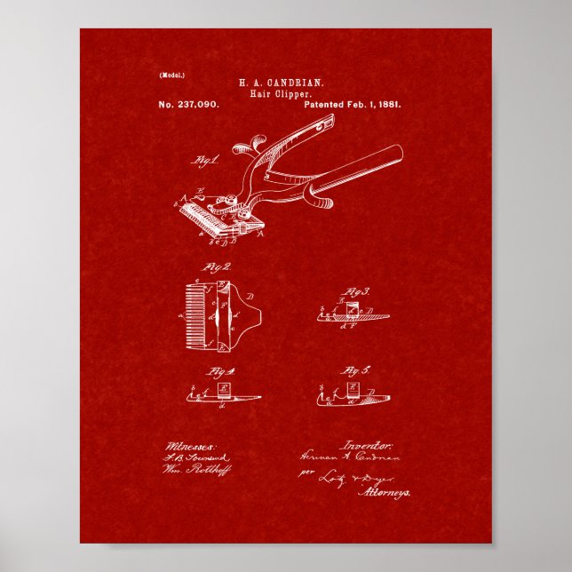 Hair Clipper Patent - Burgundy Red Poster (Framsidan)
