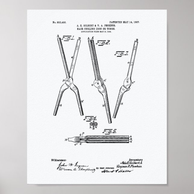 Hair Curling Järn 1907 Patent Art White Papper Poster (Framsidan)