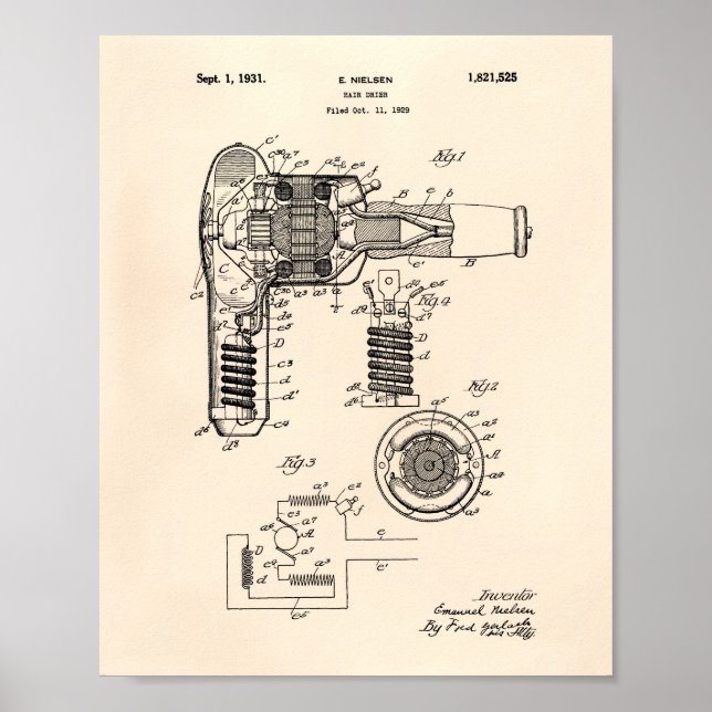 Hair Drier 1929 Patent Art Old Peper Poster (Framsidan)