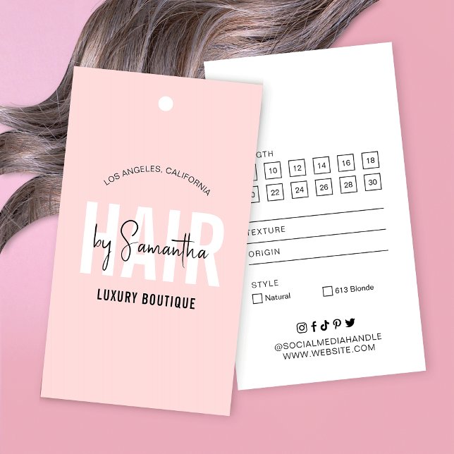 Hair Extensions Boutique Modern hängMärkre Rosa Visitkort (Fully Editable feminine hair boutique hang tag design with space for your brand name or logo)