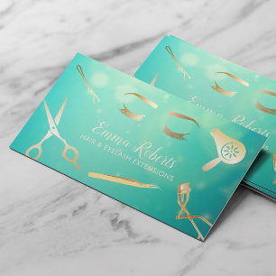 Hair & Eyelash Extensions Modern Guld & Teal Salon Visitkort