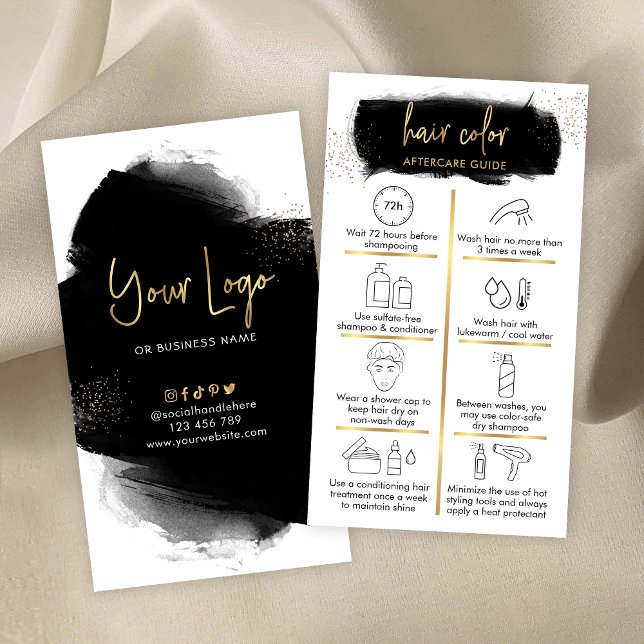 Hair Färg Aftercare Guide Black & Guld Salon Logot Visitkort (Black watercolor and gold glitter hair color aftercare cards with hair care icons and space for logo)