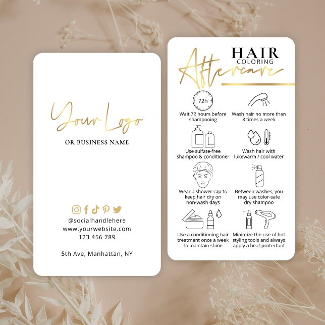 Hair Färg Aftercare Guide Faux Guld Hairstylist Visitkort (Hair color aftercare cards in white and faux gold with hair care icons and space for your logo)
