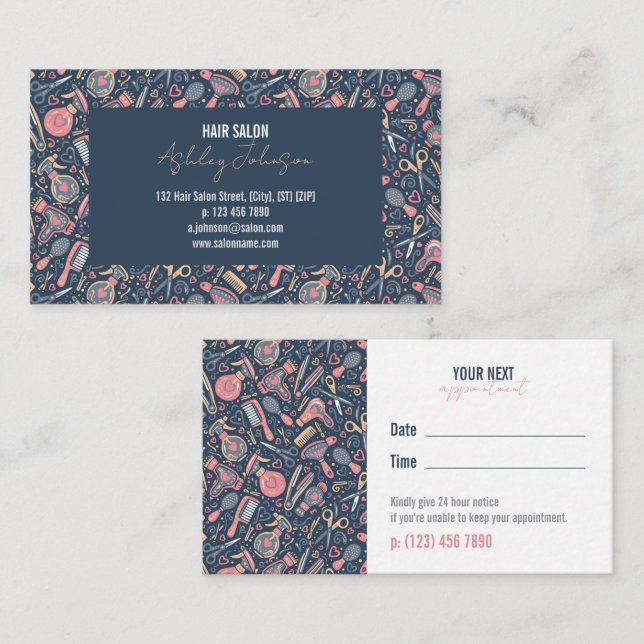Hair Folk Navy & Blush —  Appointment Reminder Visitkort (Fram/baksida)