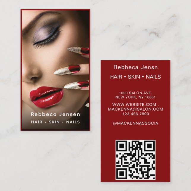 Hair Makeup Artist Modern Black & Red QR-kod Visitkort (Fram/baksida)