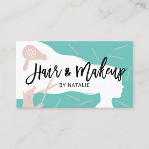 Hair & Makeup Beauty Salon Teal & Rosa Typography Visitkort