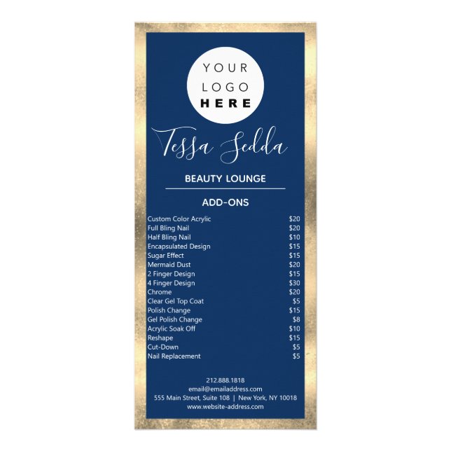 Hair Makeup Nagel Maniboypedicure Guld Blue Navy Reklamkort (Baksidan)