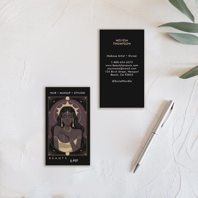 Hair Nagel Makeup Salon Celestial Mystic Tarot Visitkort (tarot card business card celestial mystical gold black purple makeup hair lash psychic reiki healer)