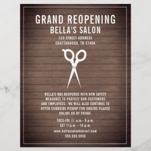 Hair Salon Barber Grand Reöppning Rustic Wood Reklamblad