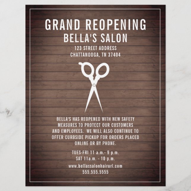 Hair Salon Barber Grand Reöppning Rustic Wood Reklamblad (Framsidan)